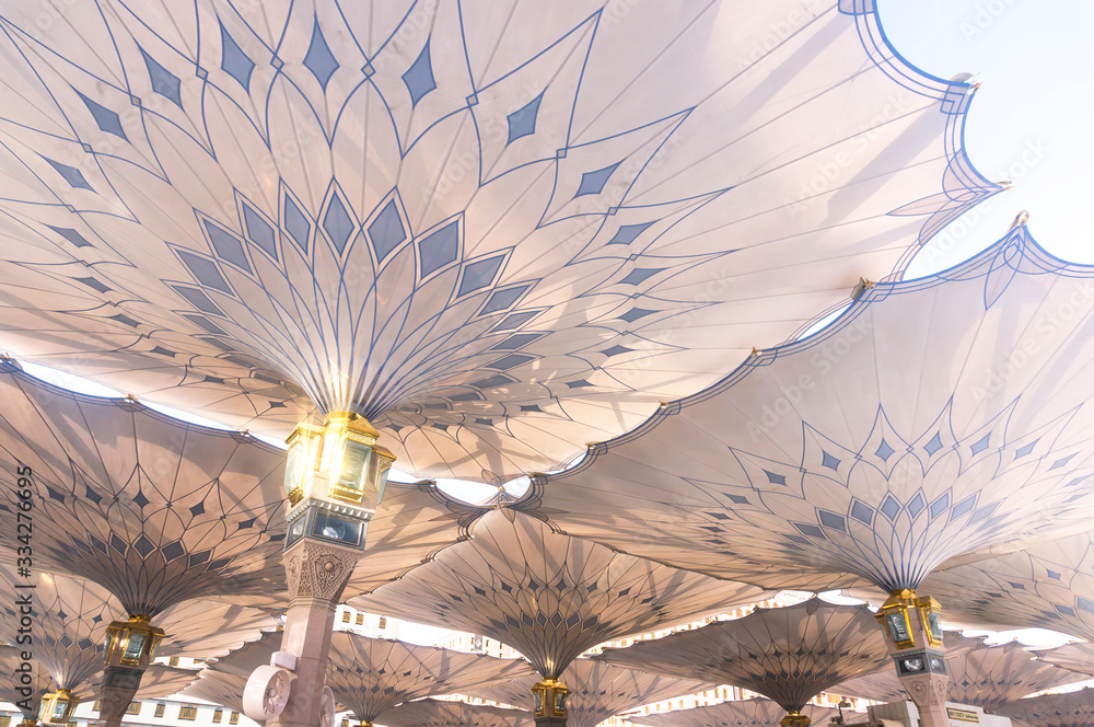 MEDINA MARCH 06 Underneath giant umbrellas at Nabawi Mosque compound on March 06, 2015 in