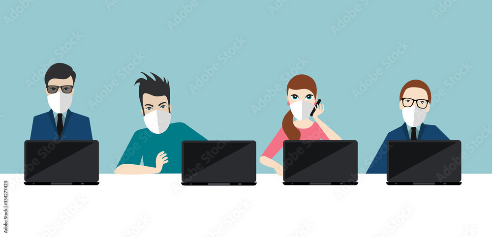 Business people in the office wear mask to prevent corona virus. Flat vector. Business people in the office wear mask to prevent corona virus. Flat vector.