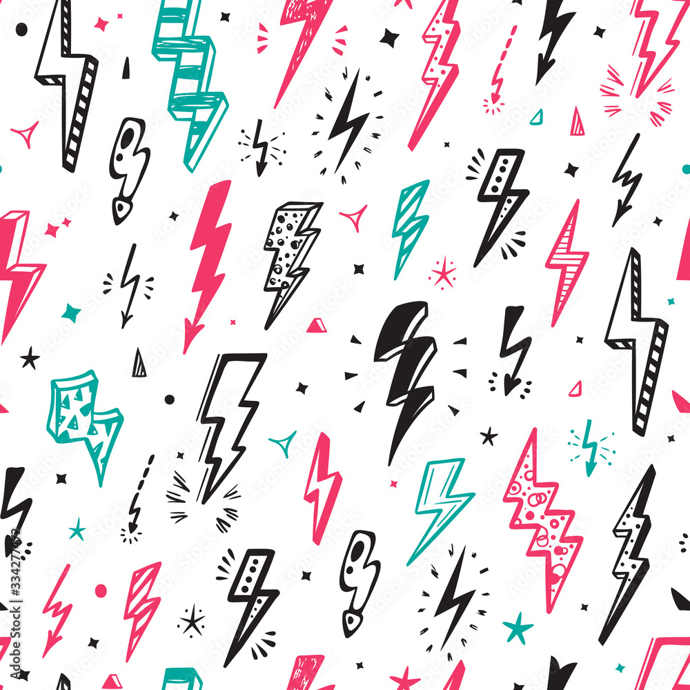 Lightning Bolts Vector Seamless Pattern. Repeat Background with Hand Drawn Doodle Lightning Bolt Signs, Thunderbolts, Energy Thunder bolt, Warning Symbol illustration Lightning Bolts Vector Seamless Pattern. Repeat Background with Hand Drawn Doodle Lightning Bolt Signs, Thunderbolts, Energy Thunder bolt, Warning Symbol illustration