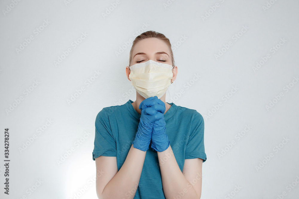 Woman in medical mask. Girl in rubber gloves. Virus protection. Woman in medical mask. Girl in rubber gloves. Virus protection.