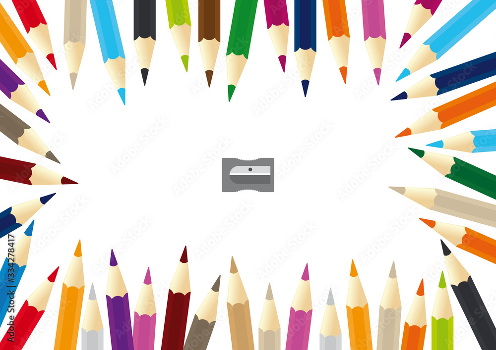 Vector color pencils scattered forming a frame with sharpener - obrazy, fototapety, plakaty 