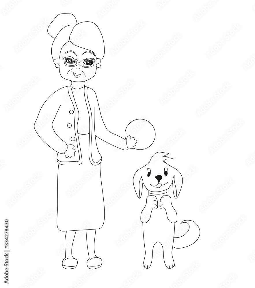 Cartoon old lady with her dog, coloring book Cartoon old lady with her dog, coloring book