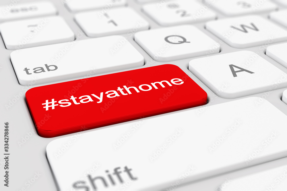 3d render of a keyboard with a red key - hashtag stay at home 3d render of a keyboard with a red key - hashtag stay at home