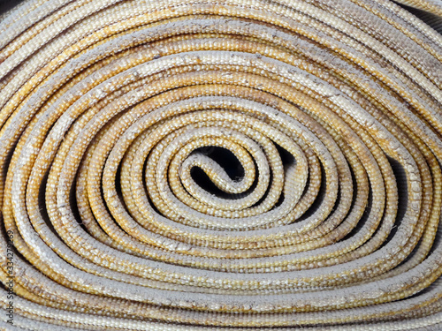 An old canvas fire hose in a roll.