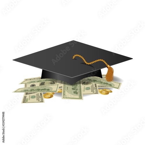 Graduation cap on pile of money and coins, concept of education costs. Investment in education.