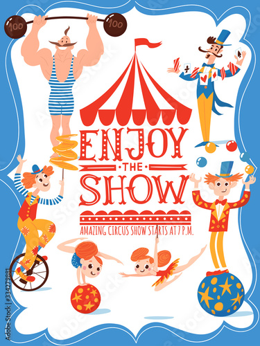 Circus vector poster with lettering and cartoon cute characters