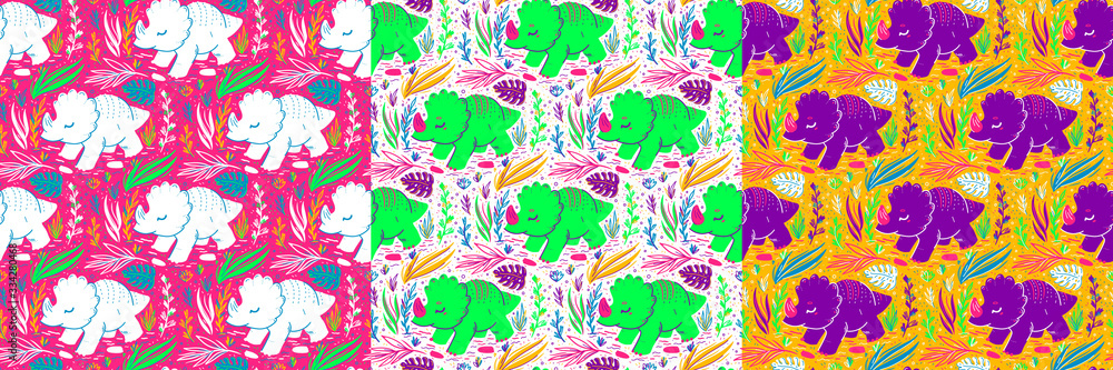 Hand Drawn Seamless pattern of Cartoon Dinosaur for girls, boys, clothes. Funny aleontology wallpaper for textile and fabric. Paleontology style