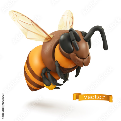Bee, bumblebee. 3d cartoon vector icon. Plasticine art illustration