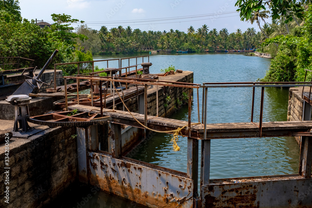 Lock between fresh and brackish water, backwaters, Kerala, India