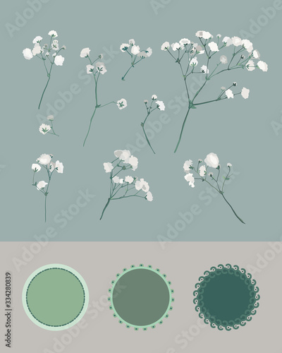 Gypsophila twigs in a different arrangement. Set of small white flowers for greeting card design. Round frame emblems.