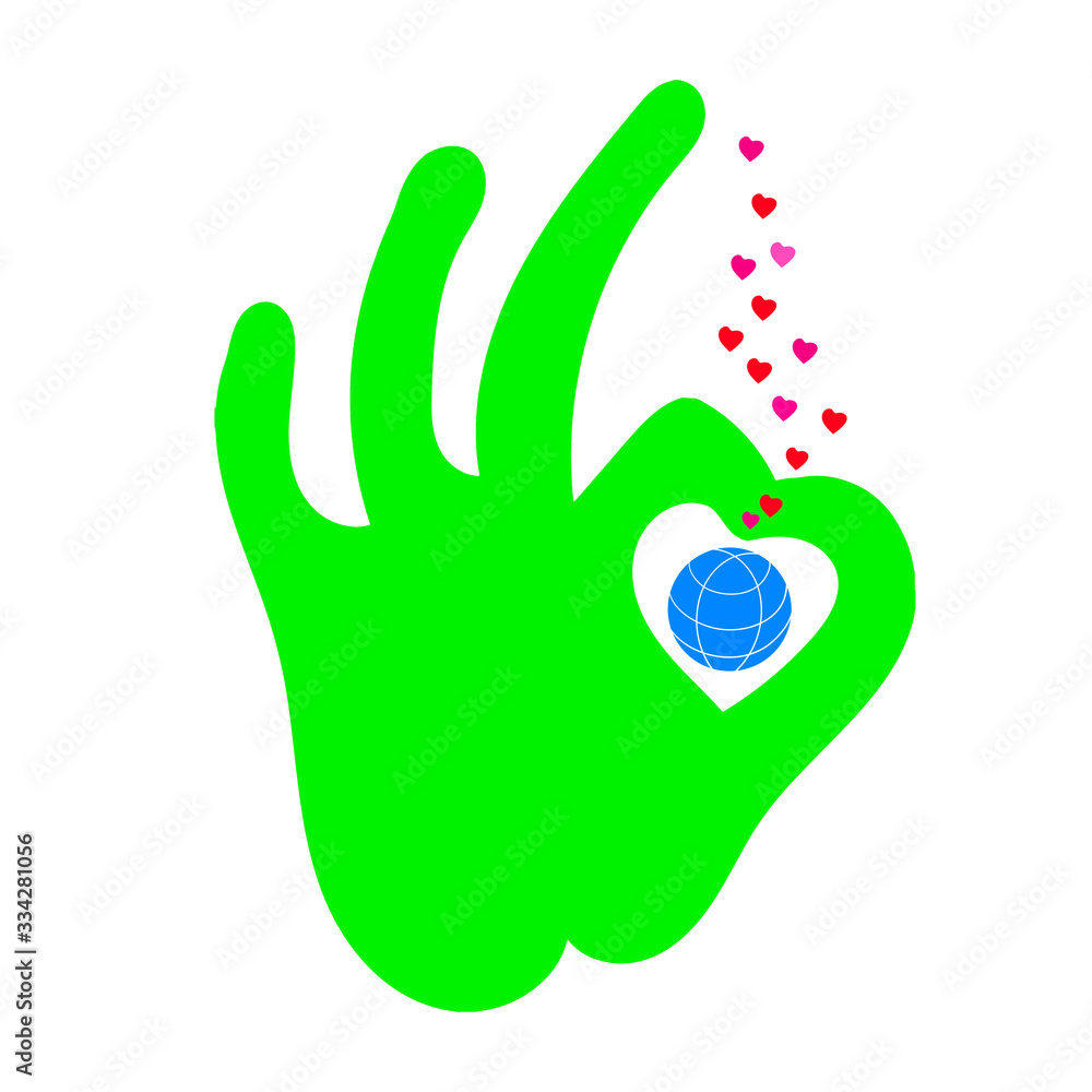 Fototapeta premium Folded fingers in the OK sign. Globe with hearts.