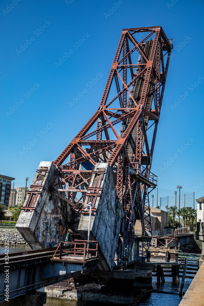 Railroad Draw Bridge opened for boat to pass by. Railroad Draw Bridge opened for boat to pass by.