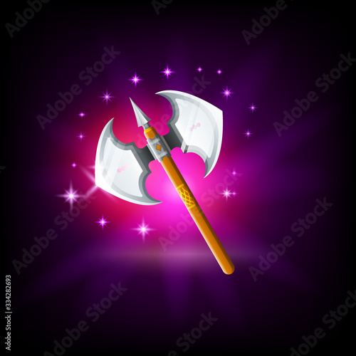 Bilateral Viking War Ax two blades and wooden handle icon for game design, medieval weapon vector