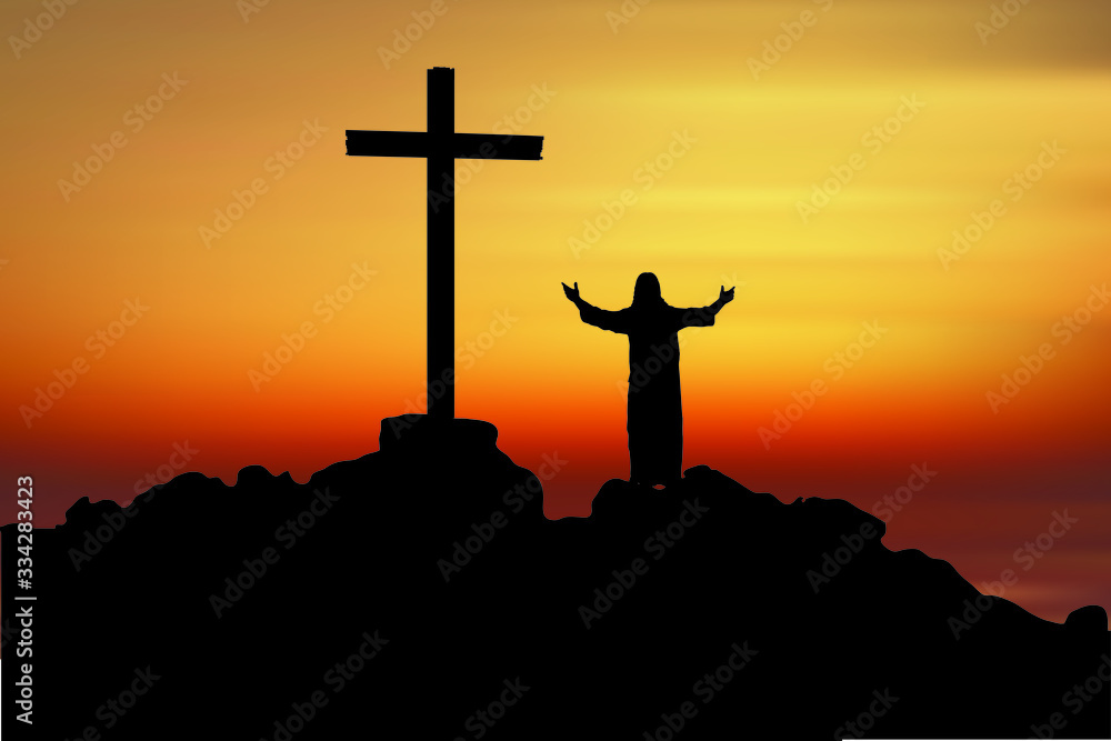 Silhouette Jesus. vector illustration Jesus with cross on  the sunset background..