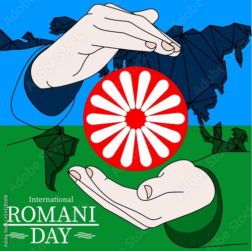 International Romani Day banner flag and wheel inscribed in the inscription holding hands icon flat in modern colour design concept on isolated white background. EPS 10 vector.