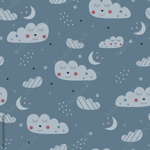 Seamless pattern of cute blue sleepy clouds, moons and stars on a dusty blue background
