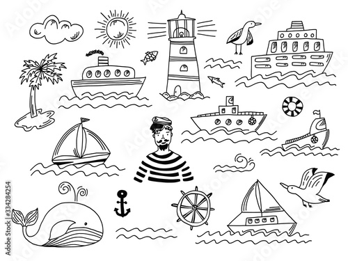 Collection of isolated black outline doodle marine transport with waves, lighthouse, seagull, whale and sailor man. Set of cute hand drawn sea objects for emblem design, coloring books and apps, logo photo