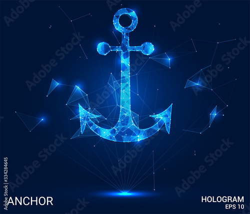 Hologram anchor. An anchor consisting of polygons, triangles, points, and lines. Anchor is a low-poly connection structure. The technology concept.