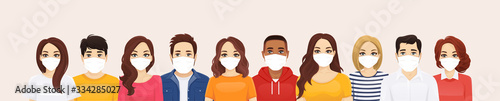 Group of people wearing protective medical mask as protection against transmissible infectious diseases, flu and air pollution vector illustration