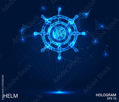 Hologram helm. The helm consists of polygons, triangles of points and lines. The steering wheel is a low-poly joint structure. The technology concept.