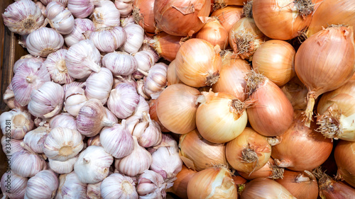 lots of fresh garlic and onion on the market