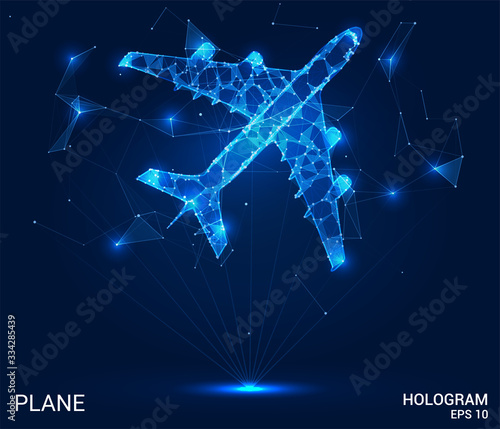 The hologram plane. A passenger plane made up of polygons, triangles of points and lines. Airliner low-poly connection structure. The technology concept.