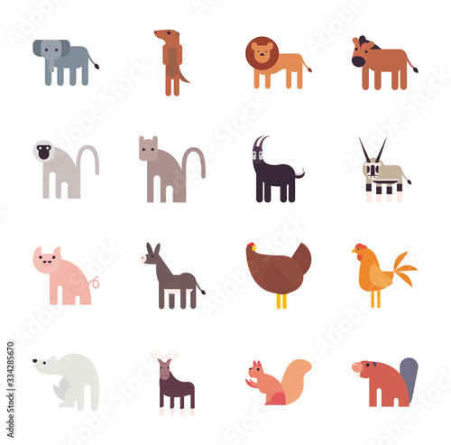 Fototapeta Naklejka Na Ścianę i Meble -  Cute animals cartoons fill style icon set vector design
