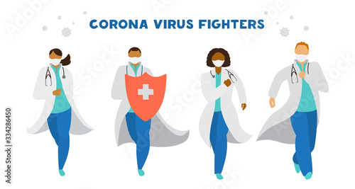 Coronavirus fighters. Different races doctors in uniform and masks with shield going to fight coronavirus. Flat vector illustration.