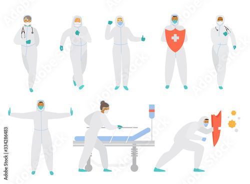 Coronavirus fighters. Set of doctors in protective overalls, masks, glasses and gloves in different poses, with shield and medical bed. Flat vector illustration.