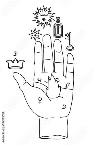 The Hand of the Philosopher with Symbols of the Crown, the Sun, Morning star or Venus and the Key. Vector illustration for tattoo design or fashion print in simple line art style.