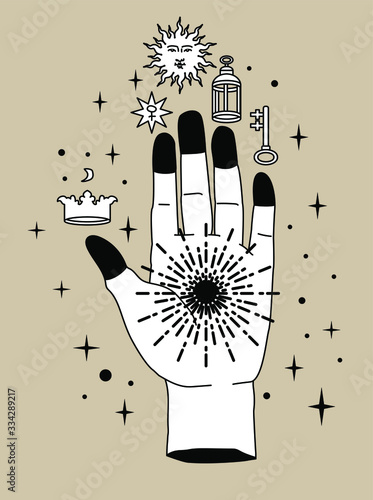 The Hand of the Philosopher with Symbols of the Crown, the Sun, Morning star or Venus and the Key. Vector illustration for tattoo design or fashion print in simple line art style.