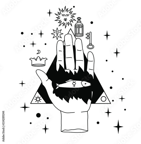 The Hand of the Philosopher with Symbols of the Crown, the Sun, Morning star or Venus and the Key. Vector illustration for tattoo design or fashion print in simple line art style.