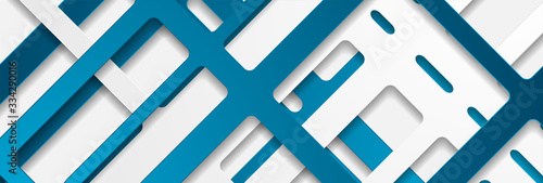 Blue and grey papercut geometry banner design. Abstract tech background with 3d paper stripes layers. Vector illustration