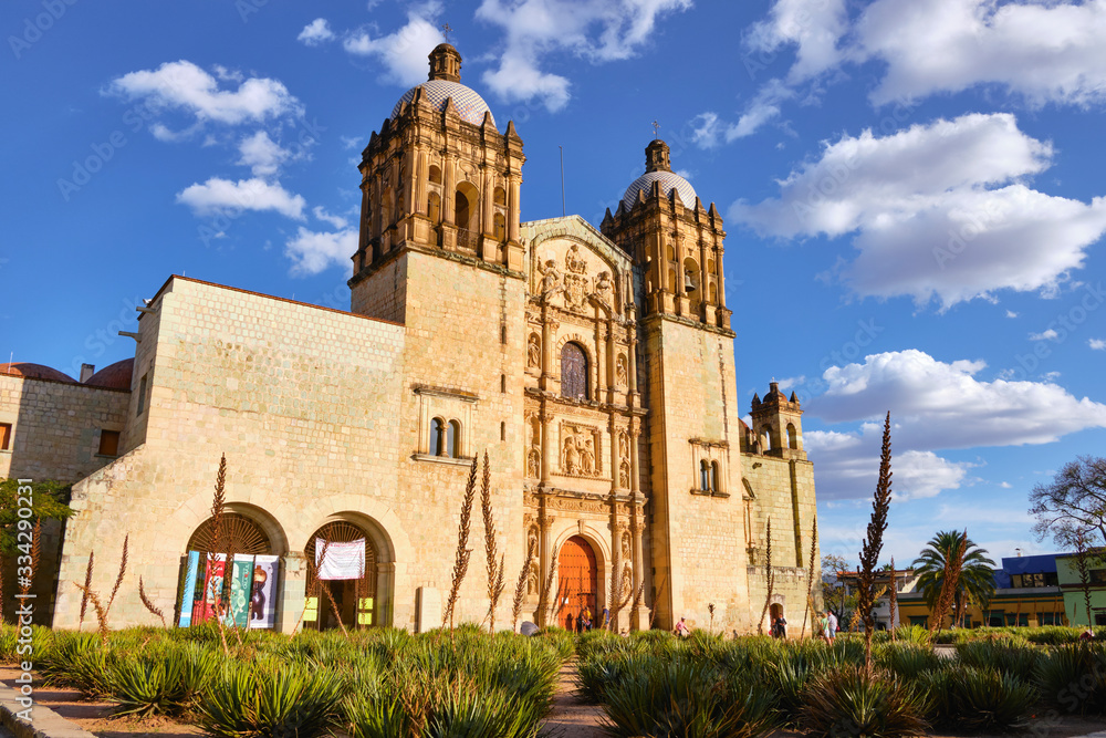 Facade of the Santo Domingo de Guzman church, in old colonial town.  Oaxaca, Mexico. February 8, 2020.