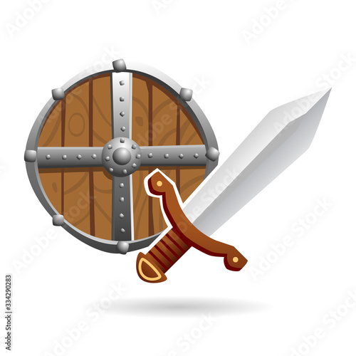 Vector cartoon illustration of a wood and metal medieval shield with a steel one-handed sword isolated on a white background. Can represent the Middle Ages, Ancient times, sword and sorcery fantasy an