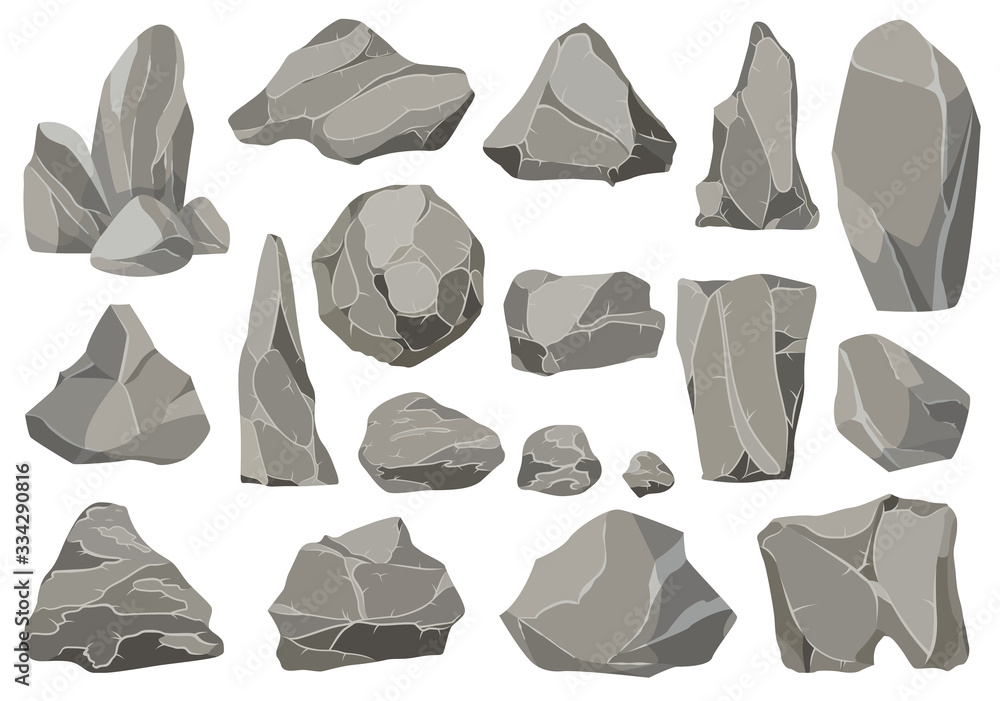 Rocks and stones single or piled for damage and rubble. Large and small stones. Set of flat design icons. Vector illustration for game art architecture design Rocks and stones single or piled for damage and rubble. Large and small stones. Set of flat design icons. Vector illustration for game art architecture design