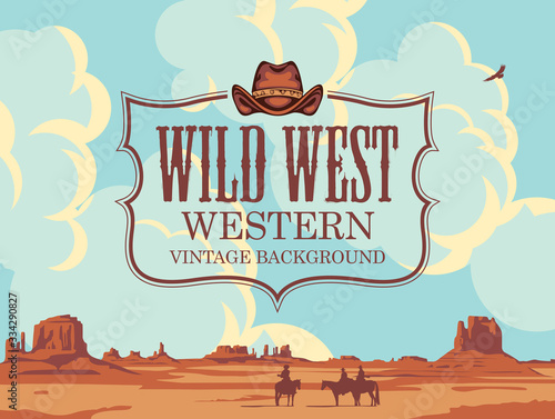 Photographie Vector banner on the theme of the Wild West with cowboy hat and emblem