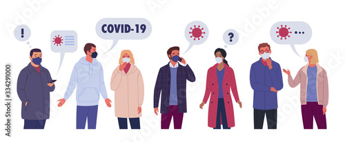 Discussion of Coronavirus. Vector illustration of cartoon group of people talking and thinking about covid-19. Isolated on white