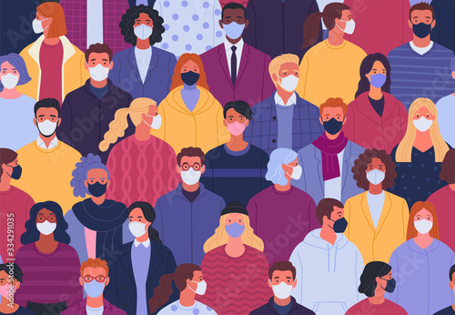 Coronavirus pandemic seamless pattern. Vector illustration of multiethnic crowd of people in medical masks in trendy flat style. 