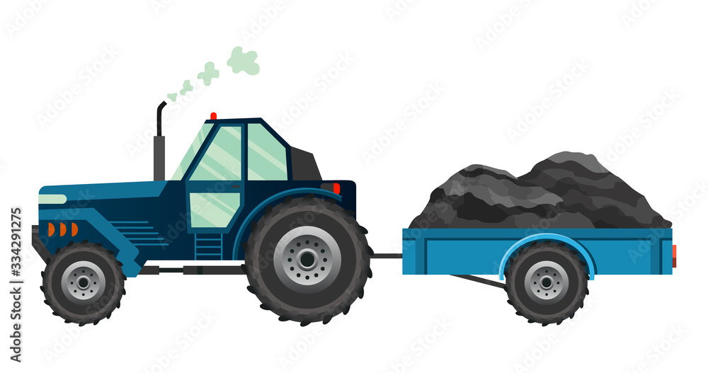 Blue farm tractor which carries a trailer. Heavy agricultural machinery for field work transport for farm in flat style. Farm tractor icon. Isolated flat style, vector illustration