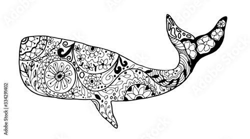 Hand drawing doodles and zentangle nautical art. Black and white whale vector illustration.