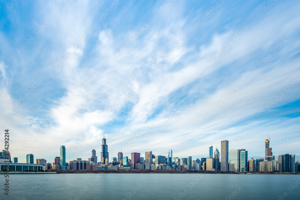 Chicago Skyline Cityscape with lake in front and  blue sky with cloud, Chicago, United state.