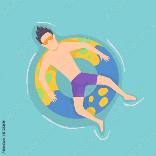 Top view persone floating on air mattress in swimming pool. Men relaxing and sunbathing on inflatable ring shape. Vector Illustration