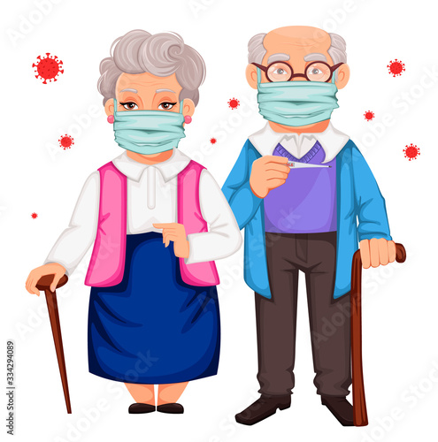 Elderly man and woman wearing a protective mask