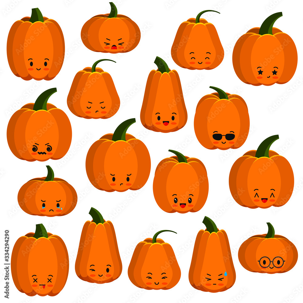 Pumpkin faces emoji icons set isolated on white. Pumpkin faces emoji icons set isolated on white.