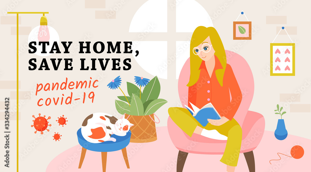 Woman at home, vector banner about preventing from corona virus. Woman at home, vector banner about preventing from corona virus.