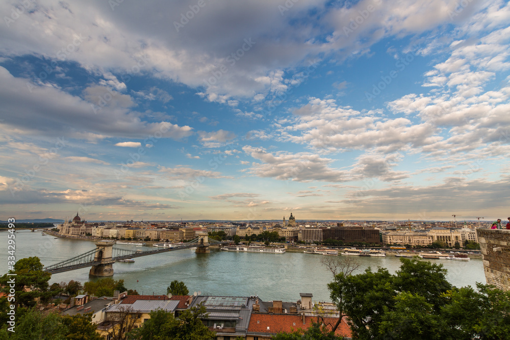 Budapest Danube evening view  with cloud, wide angle.