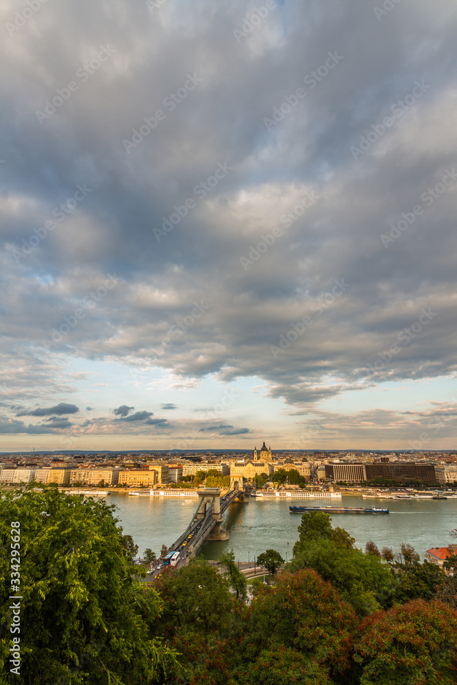 Budapest Danube evening view of Danube and Chain Bridge  with cloud, wide angle.