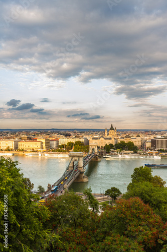 Budapest Danube evening view of Danube and Chain Bridge with cloud, wide angle.