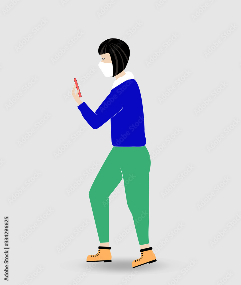 Girl covered the medical mask walking outdoors with smartphone in hand. Flat vector illustration of woman concept wearing protective mask for prevent virus Covid-19